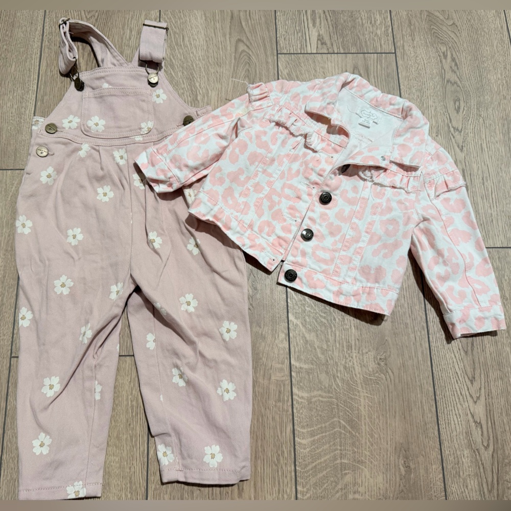 Jamie Kay Mudpie Pink Leopard Jacket Floral Overalls Set 12 18 months Baby Girls